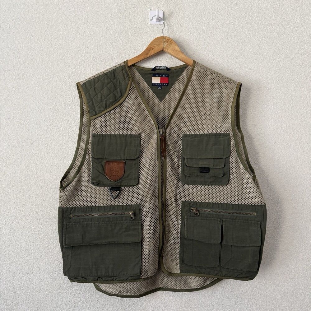 Vtg Tommy Hilfiger Utility Fishing Vest Olive Mesh Gorpcore Utility Outdoor XL